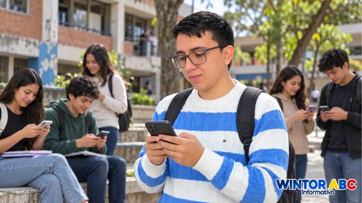 Versión rejuvenecida de Wintor ABC junto a estudiantes con mochilas que revisan sus celulares en un campus.