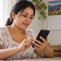 Madre revisa en su celular información sobre los pagos de Renta Ciudadana e IVA.