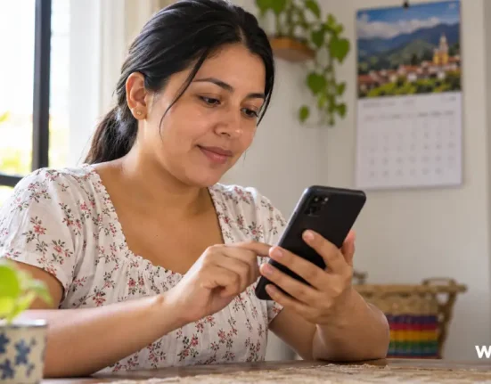 Madre revisa en su celular información sobre los pagos de Renta Ciudadana e IVA.