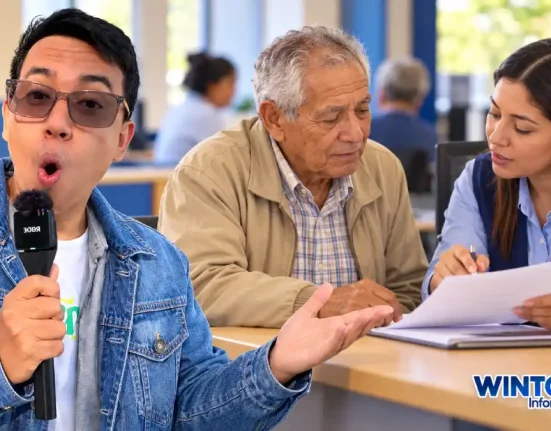 Wintor ABC junto a una escena de orientación a un adulto mayor en una oficina municipal.