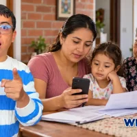 Wintor ABC junto a una escena familiar con una madre, una niña y una mujer mayor revisando un celular y documentos.