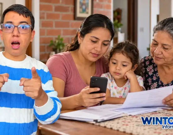 Wintor ABC junto a una escena familiar con una madre, una niña y una mujer mayor revisando un celular y documentos.