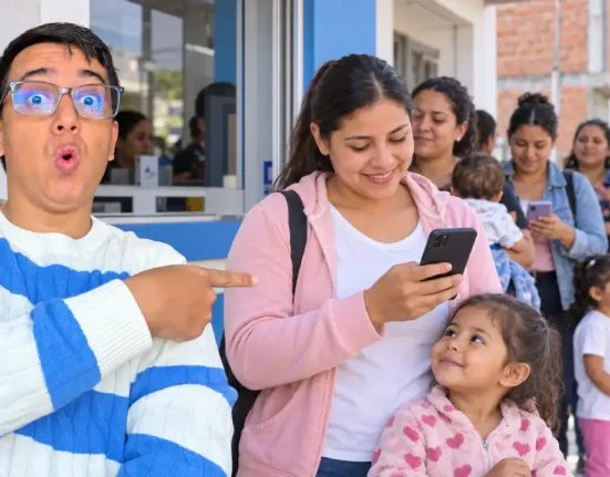 Wintor ABC señala a una madre que revisa su celular junto a su hija, con otras familias en fila al fondo.