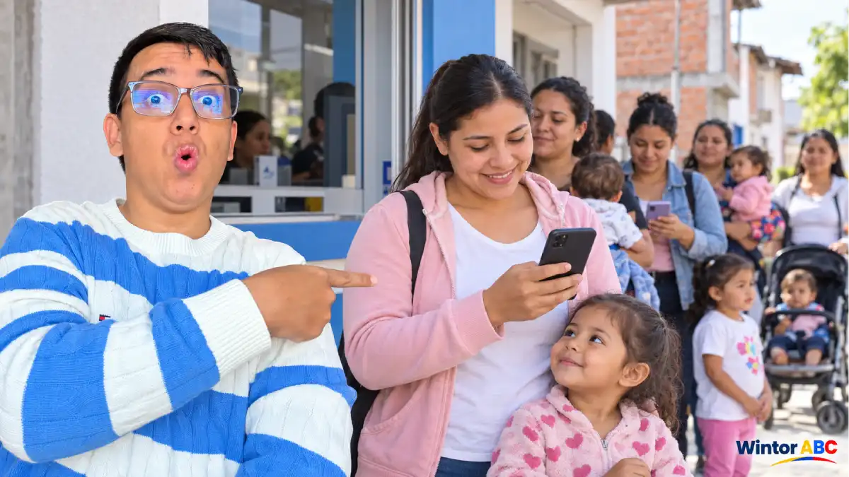 Wintor ABC señala a una madre que revisa su celular junto a su hija, con otras familias en fila al fondo.