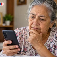 Adulta mayor consulta en su celular información sobre pagos acumulados del programa Colombia Mayor.