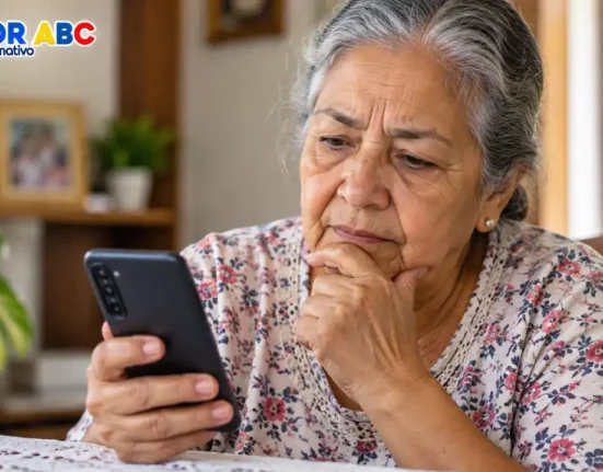 Adulta mayor consulta en su celular información sobre pagos acumulados del programa Colombia Mayor.