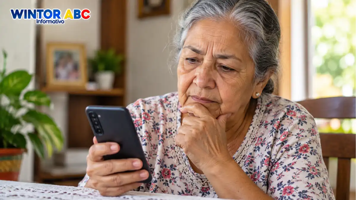Adulta mayor consulta en su celular información sobre pagos acumulados del programa Colombia Mayor.