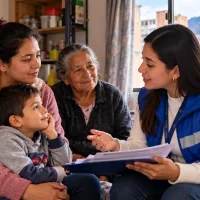 Familia que vive en un pagadiario de Bogotá recibe orientación de una trabajadora social sobre posibles ayudas y servicios del Distrito.