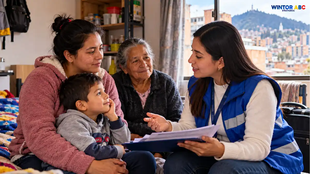 Familia que vive en un pagadiario de Bogotá recibe orientación de una trabajadora social sobre posibles ayudas y servicios del Distrito.