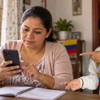 Madre revisa su celular junto a una libreta en casa, con Wintor a un lado.