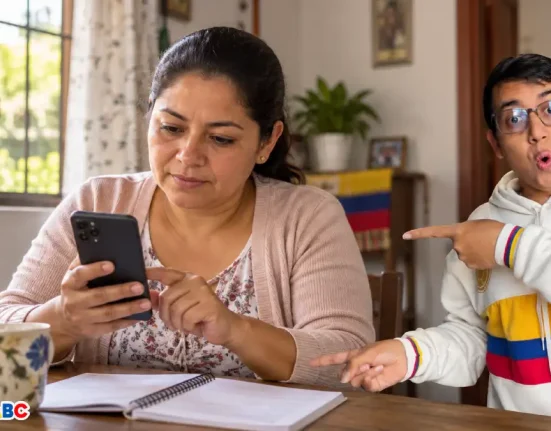 Madre revisa su celular junto a una libreta en casa, con Wintor a un lado.