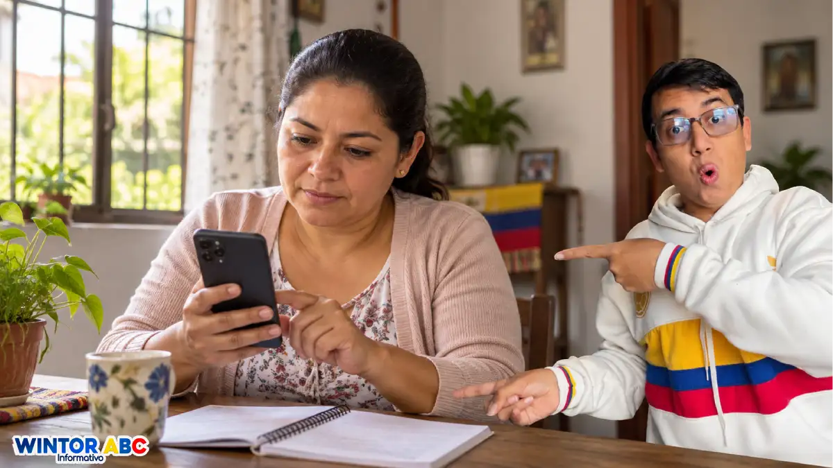 Madre revisa su celular junto a una libreta en casa, con Wintor a un lado.
