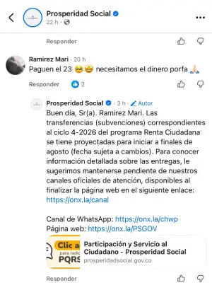 Hay nueva fecha de pago para el 4 ciclo de Renta Ciudadana 2 Imagen de la respuestas del DPS
