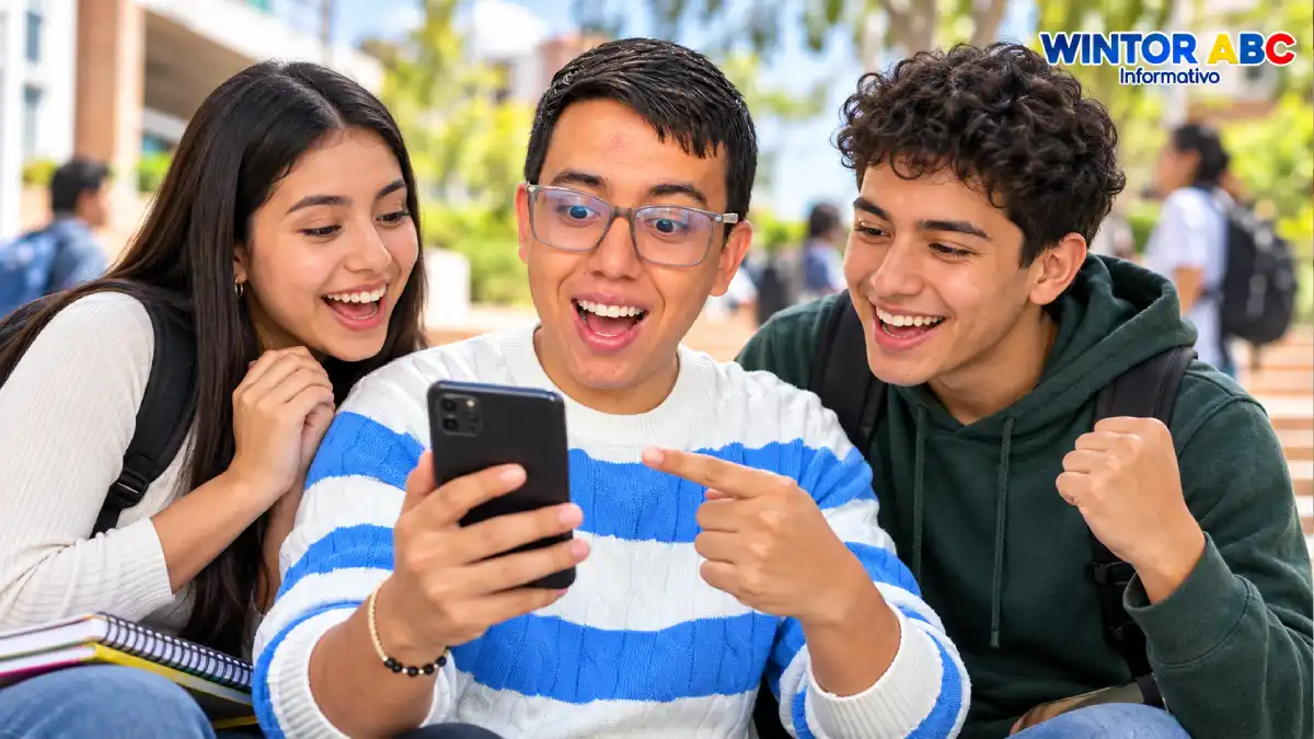 Jóvenes consultan en un celular el abono a cuenta bancaria del quinto ciclo de Renta Joven 2026.
