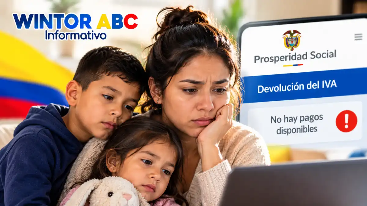 Madre colombiana junto a sus hijos consulta información sobre la Devolución del IVA y la disponibilidad de pagos.