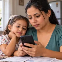 Madre junto a su hija revisa un celular, con recibos sobre la mesa.