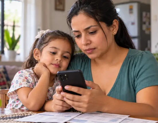 Madre junto a su hija revisa un celular, con recibos sobre la mesa.