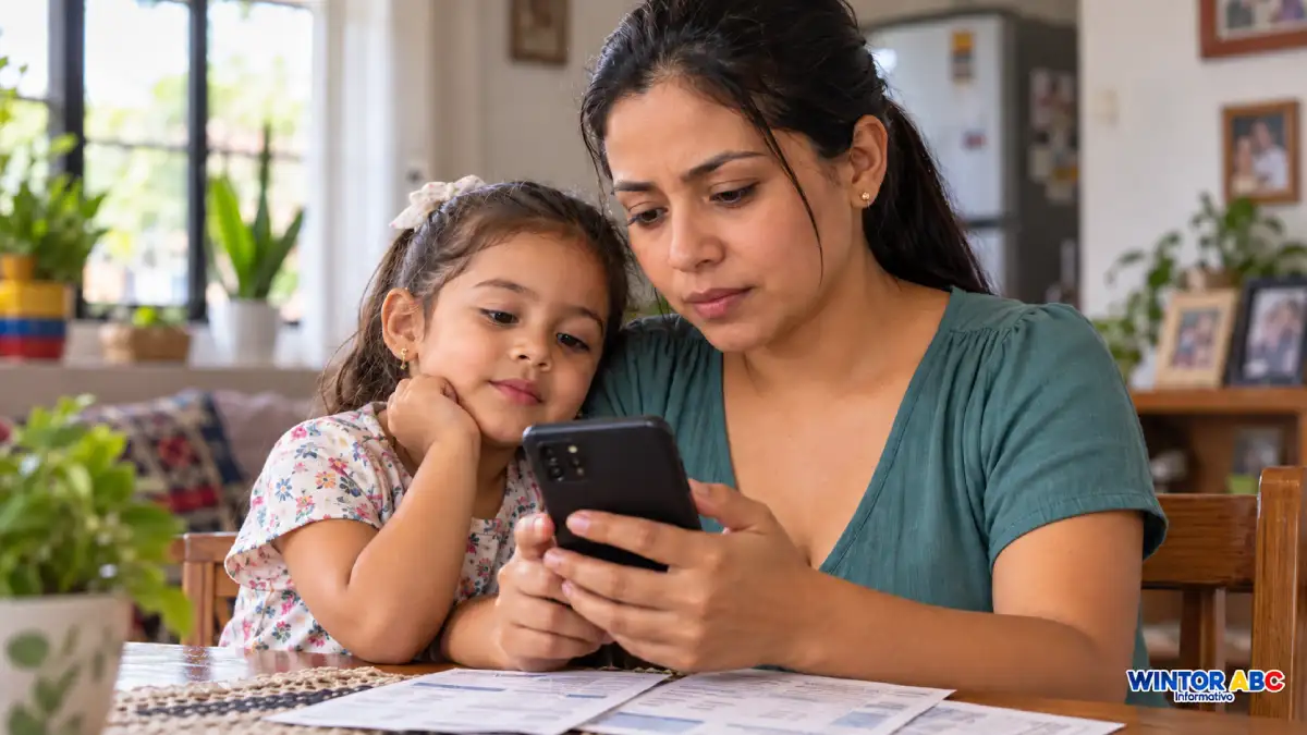 Madre junto a su hija revisa un celular, con recibos sobre la mesa.