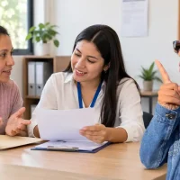 Madre con celular y documentos recibe orientación, con el presentador de Wintor ABC a un lado.