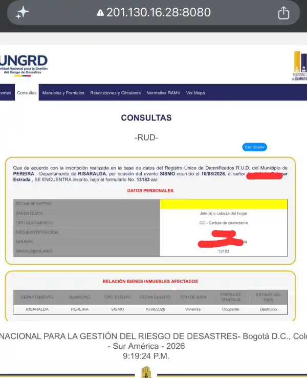 ¿Está registrado como damnificado? Consulte el RUD y verifique si aparece en la lista del terremoto 3 Datos del RUD en consulta