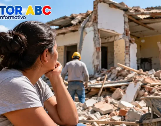 Mujer observa una vivienda afectada mientras trabajadores realizan labores de reconstrucción, imagen ilustrativa del Fondo Milagro 2026.