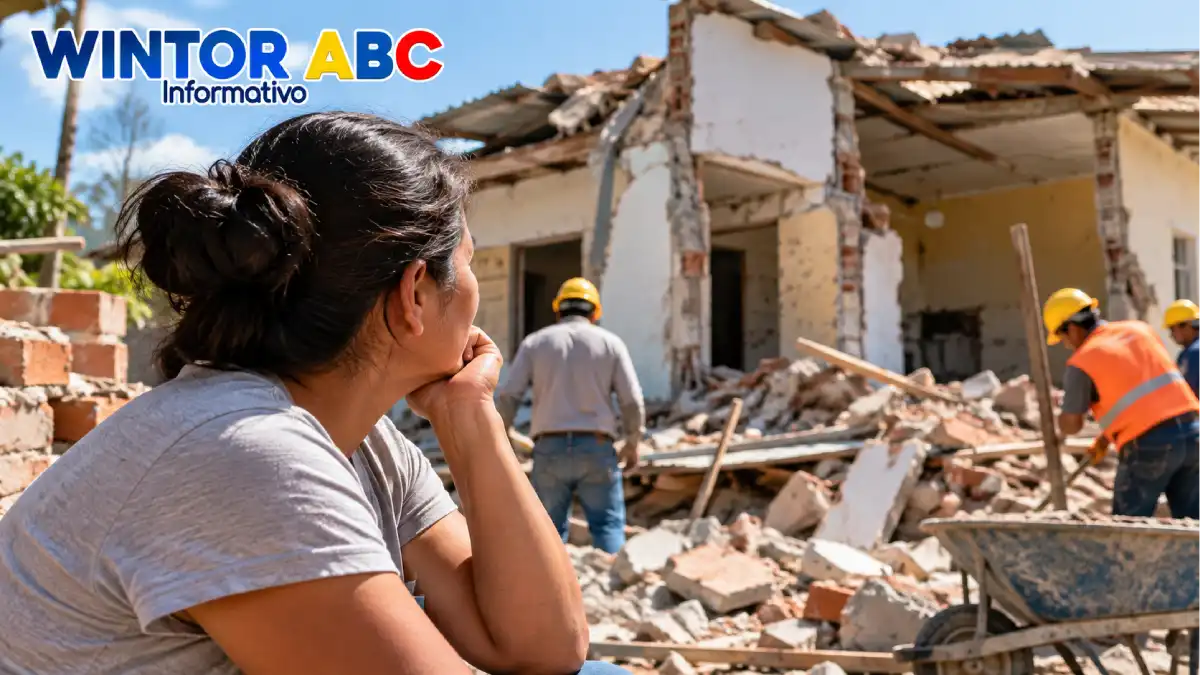 Mujer observa una vivienda afectada mientras trabajadores realizan labores de reconstrucción, imagen ilustrativa del Fondo Milagro 2026.
