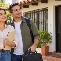 Pareja con celular, documentos y equipaje frente a una vivienda, en una escena ilustrativa sobre alojamiento temporal.