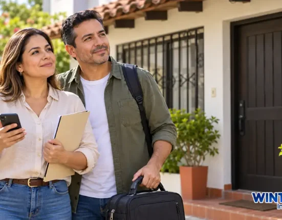 Pareja con celular, documentos y equipaje frente a una vivienda, en una escena ilustrativa sobre alojamiento temporal.