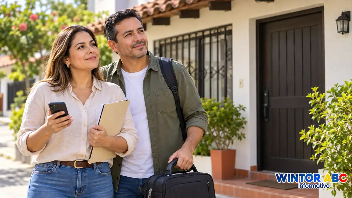 Pareja con celular, documentos y equipaje frente a una vivienda, en una escena ilustrativa sobre alojamiento temporal.