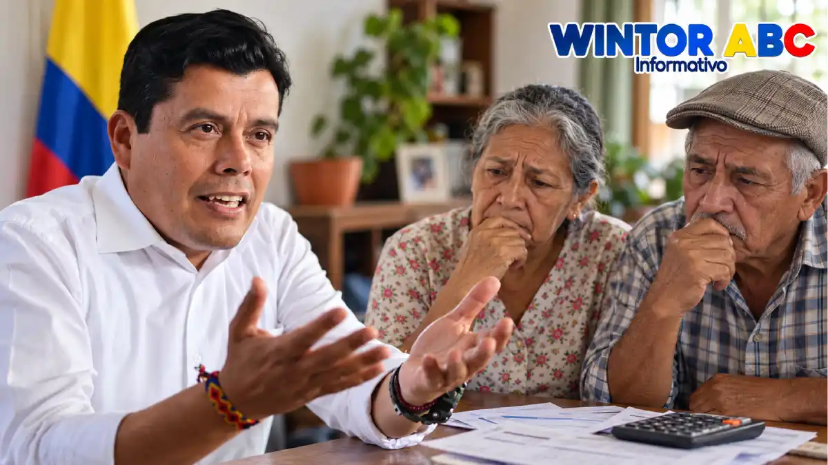 Exdirector de Prosperidad Social habla sobre el presupuesto de Colombia Mayor mientras dos adultos mayores revisan cuentas en casa.