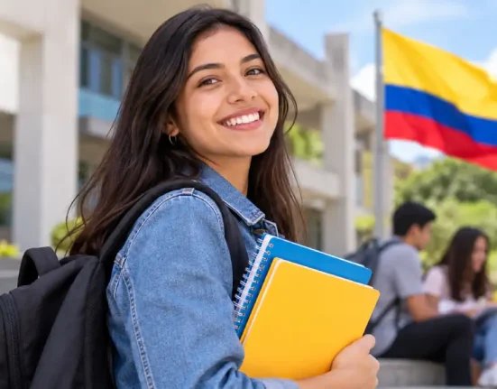 Joven estudiante universitaria en Colombia con cuadernos y mochila, imagen ilustrativa de Renta Joven.