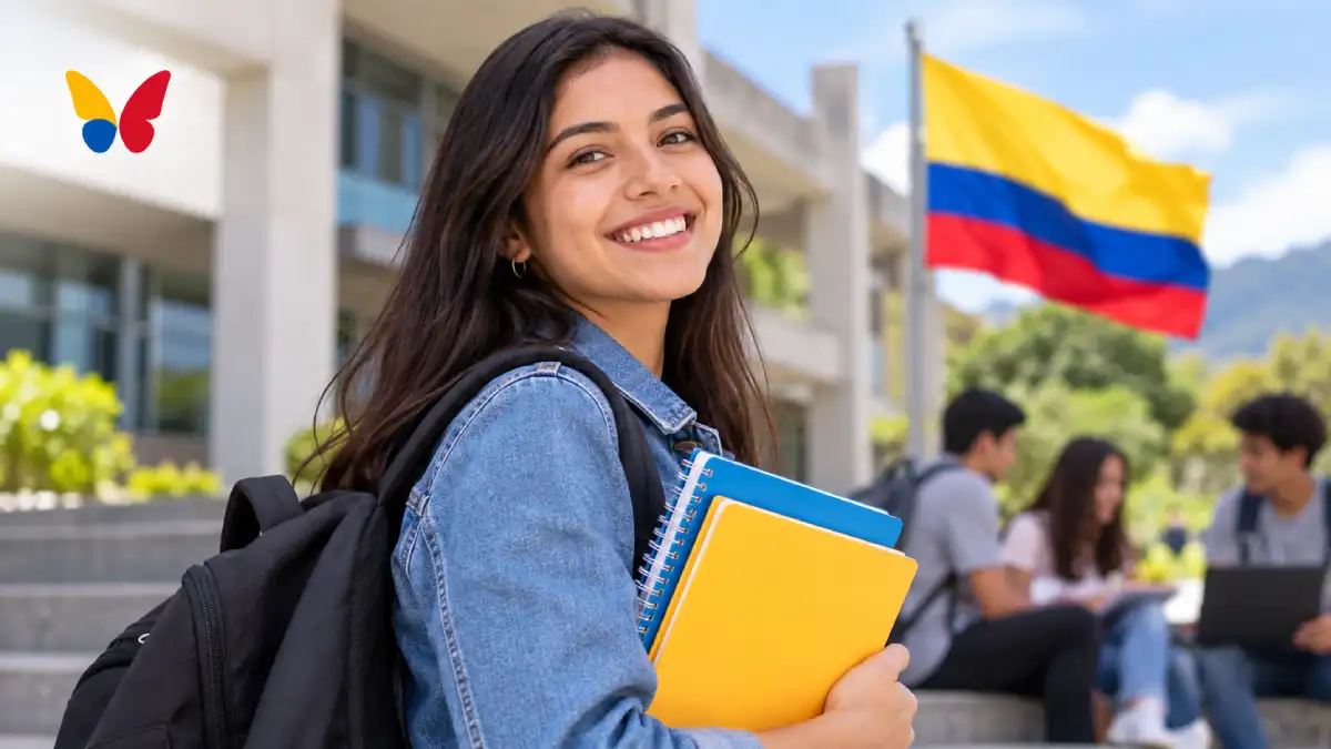 Joven estudiante universitaria en Colombia con cuadernos y mochila, imagen ilustrativa de Renta Joven.