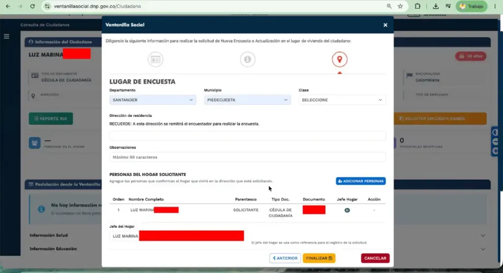 Así se solicita una nueva encuesta del Sisbén en la Ventanilla Social 5 Lugar de encuesta y direccion de residencia en la Ventanilla Social - Wintor ABC