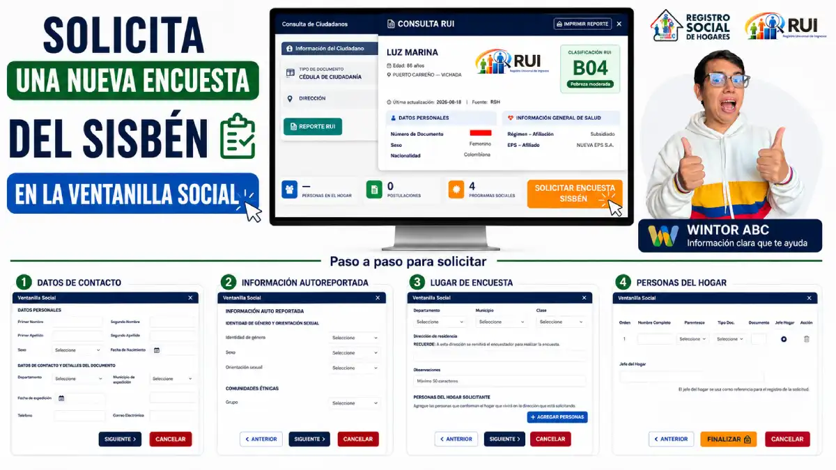 Así se solicita una nueva encuesta del Sisbén en la Ventanilla Social 1 Wintor ABC muestra cómo solicitar una nueva encuesta del Sisbén desde la Ventanilla Social.