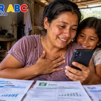Madre e hija revisan un celular junto a recibos de agua y aseo en una vivienda humilde, imagen sobre alivios en servicios públicos.