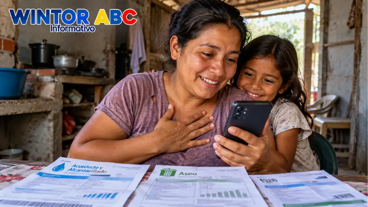Madre e hija revisan un celular junto a recibos de agua y aseo en una vivienda humilde, imagen sobre alivios en servicios públicos.