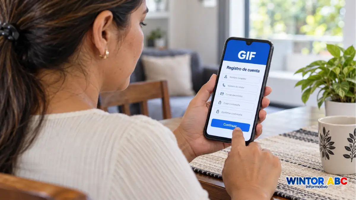 Mujer consulta en su celular el registro de una billetera digital en el GIF.