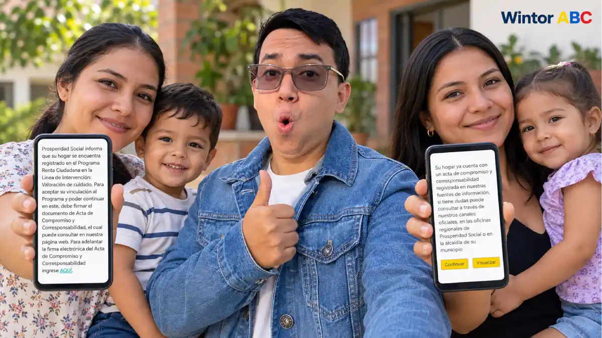 Wintor ABC entre dos madres con sus hijos, que muestran en celulares los avisos de firma pendiente y acta registrada.