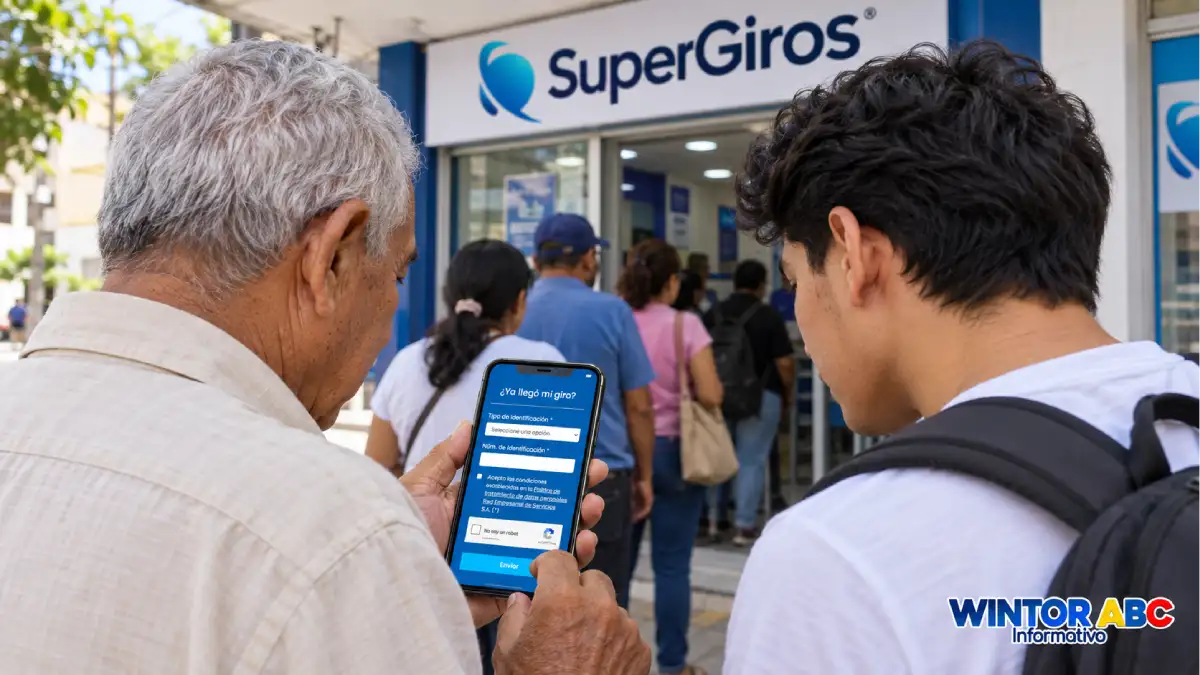 Adulto mayor y joven miran un celular frente a un punto de SuperGIROS con personas en fila.