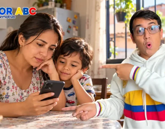 Mamá junto a su hijo mira el celular en casa, con Wintor ABC señalando hacia la familia.