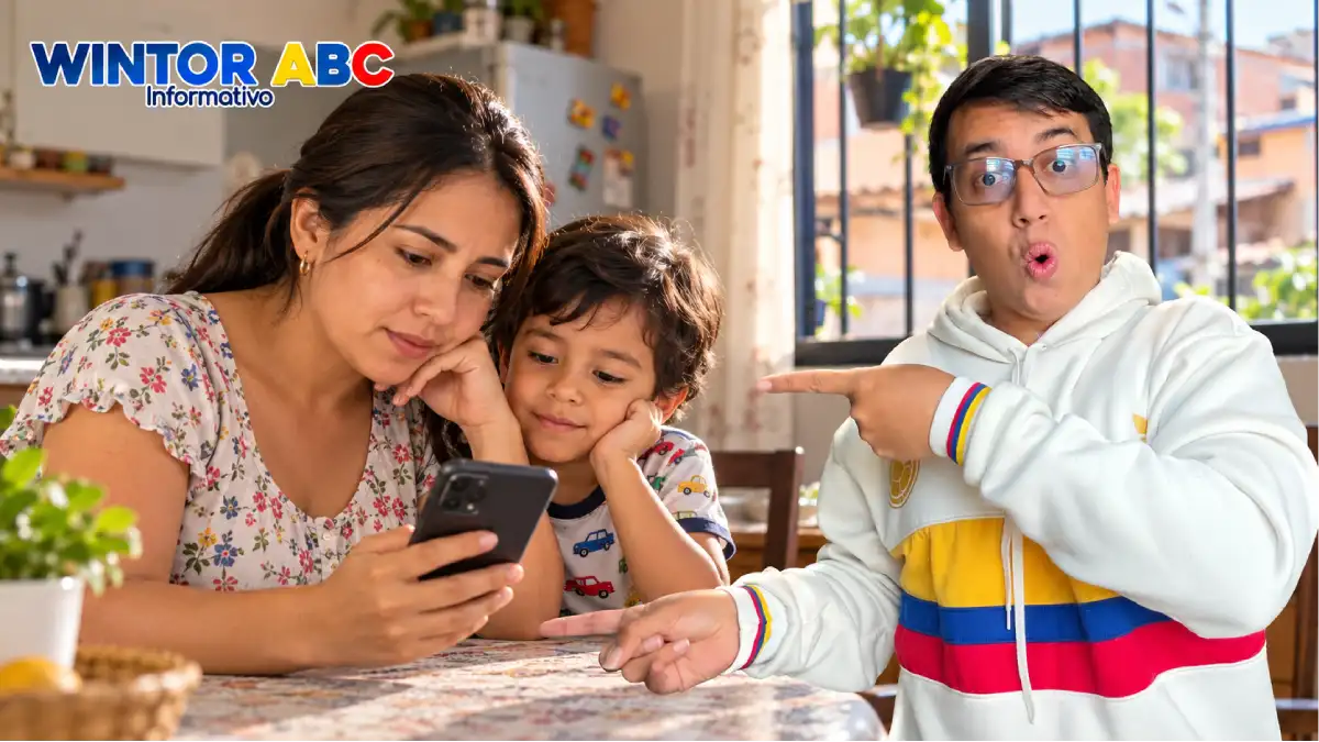 Mamá junto a su hijo mira el celular en casa, con Wintor ABC señalando hacia la familia.
