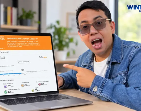 Wintor ABC señala un computador portátil con un reporte de resultados de las pruebas Saber 11 del Icfes.