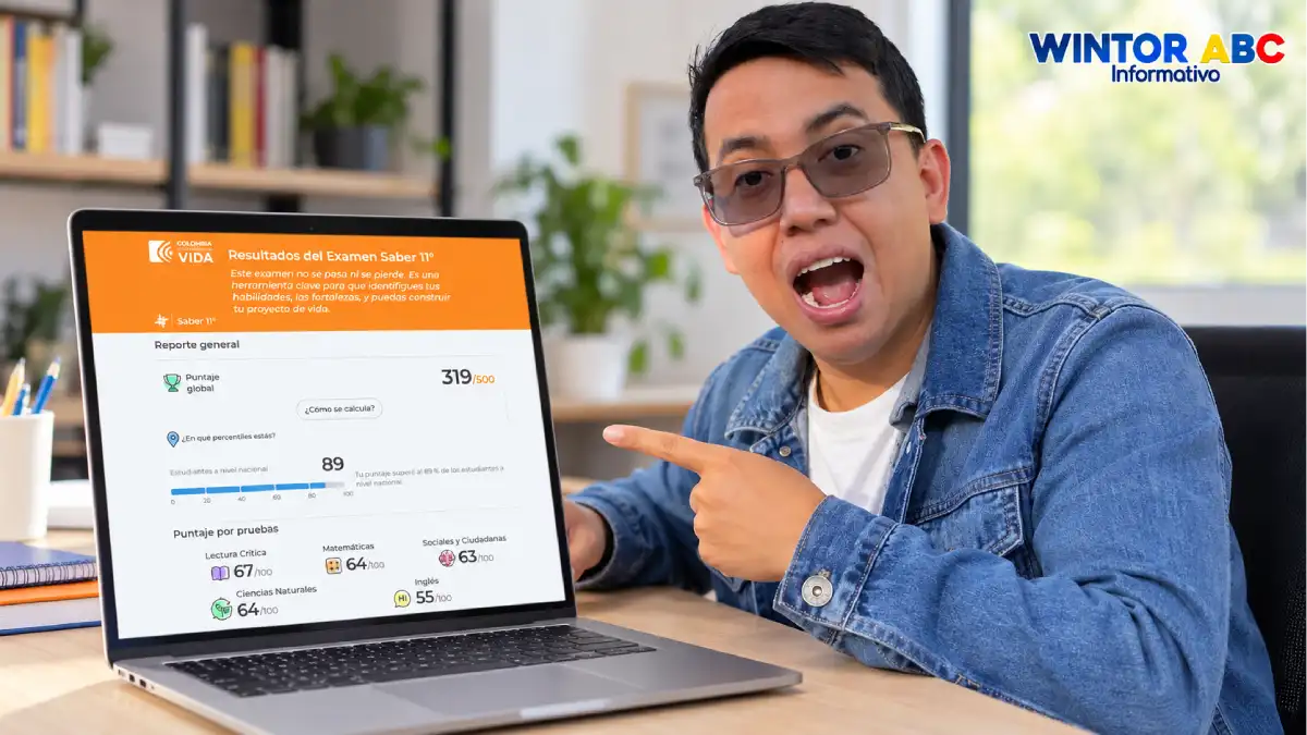 Wintor ABC señala un computador portátil con un reporte de resultados de las pruebas Saber 11 del Icfes.
