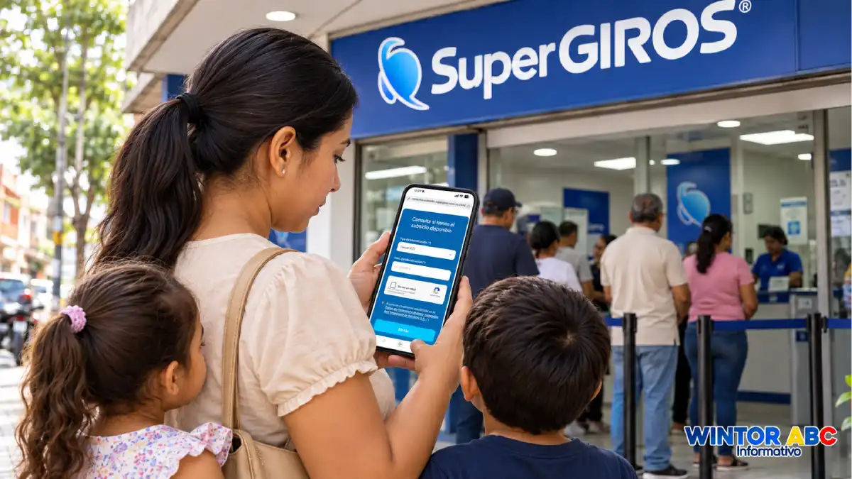 Madre con sus dos hijos consulta el formulario de SuperGIROS en su celular frente a un punto de atención.