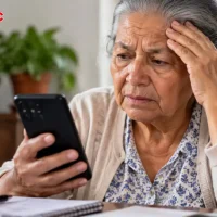 Adulto mayor consultando información sobre pago de Colombia Mayor en celular