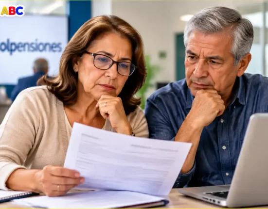 Mujer y hombre revisando información sobre edad de pensión en Colombia