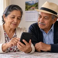 Dos adultos mayores revisan un celular junto a un calendario.