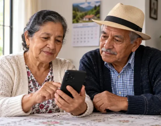 Dos adultos mayores revisan un celular junto a un calendario.