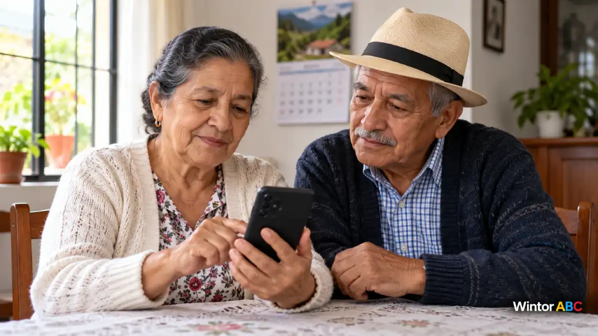 Dos adultos mayores revisan un celular junto a un calendario.
