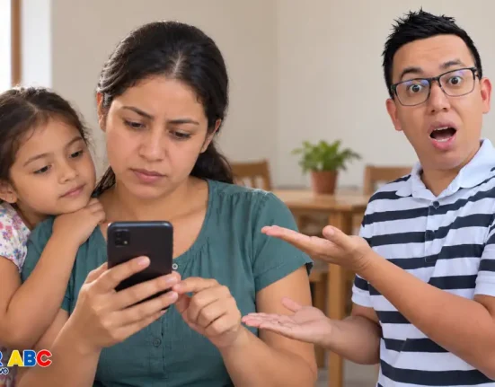 Madre preocupada revisa su celular junto a su hija, con el presentador de Wintor ABC al lado.